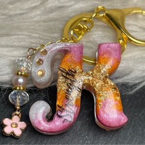 Artisan Pink, Orange and Gold 
Letter “K” Keychain With A Genuine Cultured Pearl